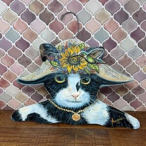 VTG Annie Rhinehart Stupell Tuxedo Cat Wooden Clothes Hanger Hattie Hummingbird